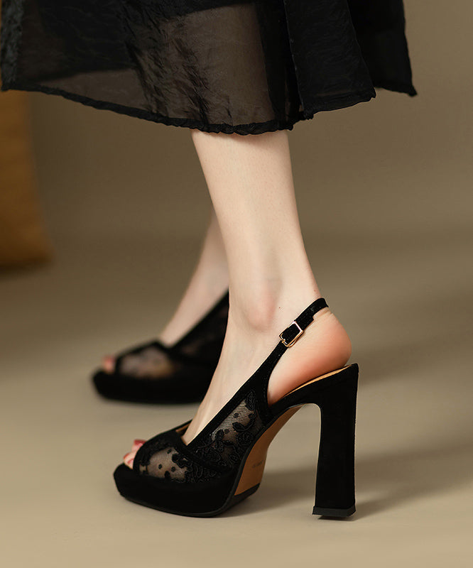 Heels Embroidered High Black Sandals Lace Fashion Suede FashionChic