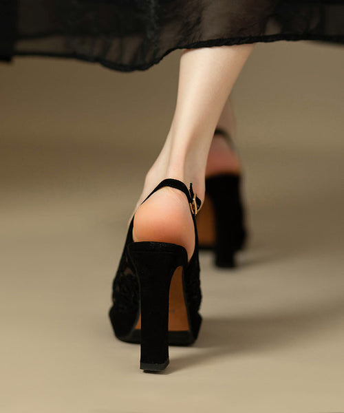 Heels Embroidered High Black Sandals Lace Fashion Suede FashionChic