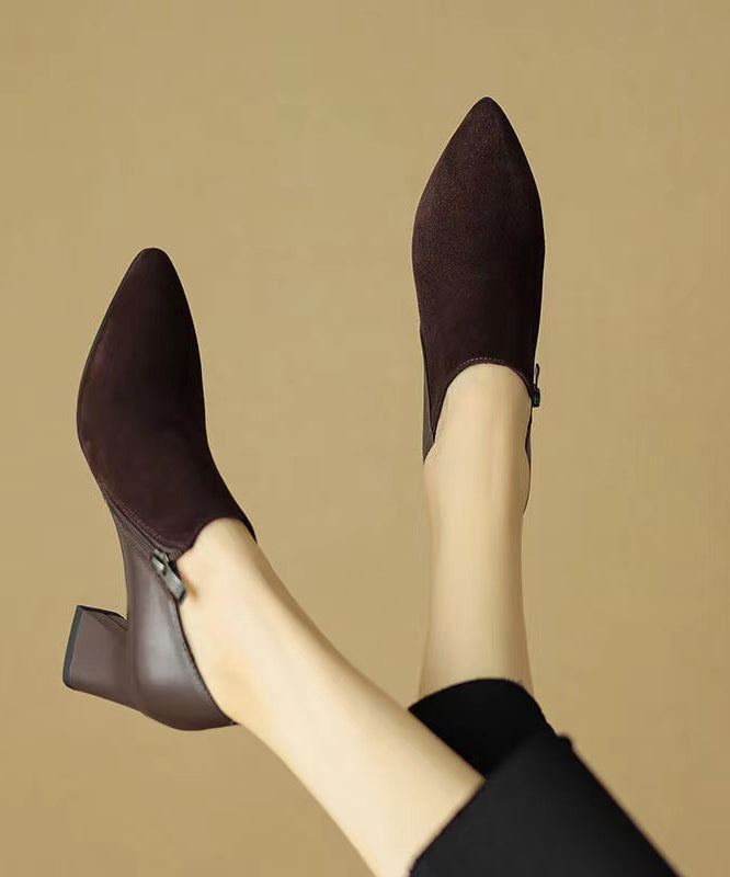 Suede Zippered Splicing Boutique Brown Chunky Heels Pointed Toe AP1021 shoe-GGX240905