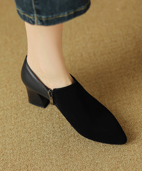 Suede Zippered Splicing Boutique Brown Chunky Heels Pointed Toe AP1021 shoe-GGX240905