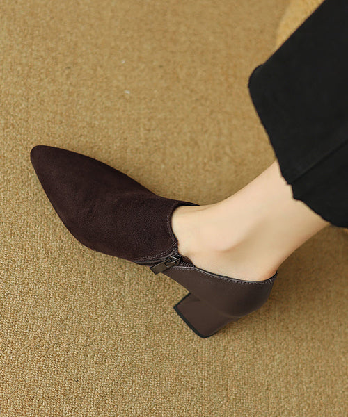 Suede Zippered Splicing Boutique Brown Chunky Heels Pointed Toe AP1021 shoe-GGX240905