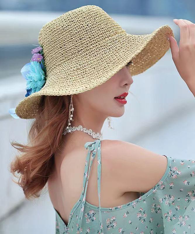 Summer Beach Flower Large Straw Soven Foldable Sunshade Hat YU1022 Hat-HAT240528