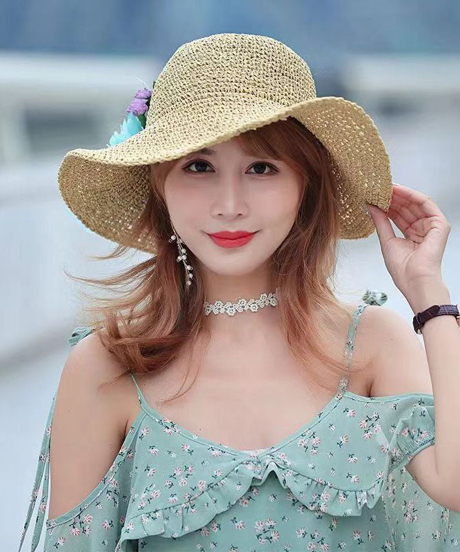 Summer Beach Flower Large Straw Soven Foldable Sunshade Hat YU1022 Hat-HAT240528
