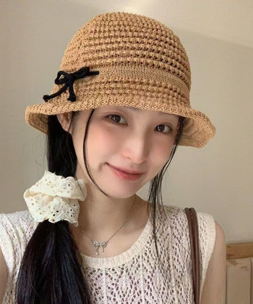 Eave Sunshade Hollow Hat Camel Summer Bow Bucket Large FashionChic