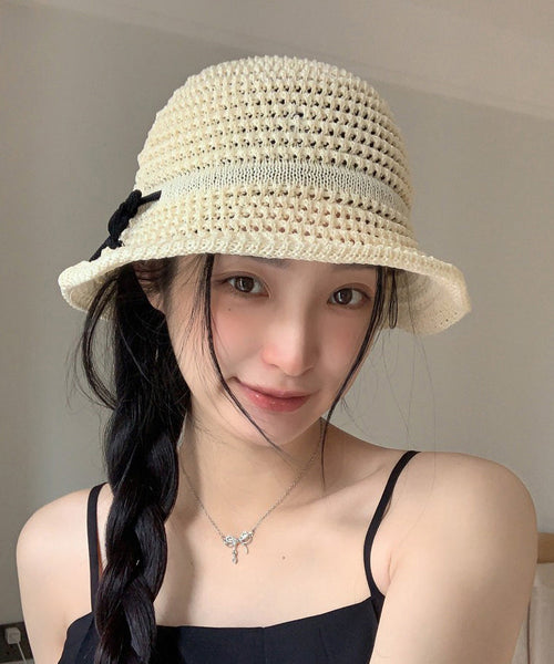 Eave Sunshade Hollow Hat Camel Summer Bow Bucket Large FashionChic