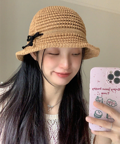 Eave Sunshade Hollow Hat Camel Summer Bow Bucket Large FashionChic