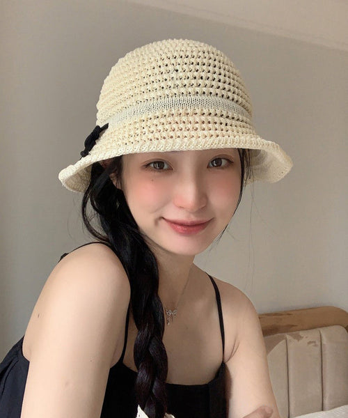 Eave Sunshade Hollow Hat Camel Summer Bow Bucket Large FashionChic