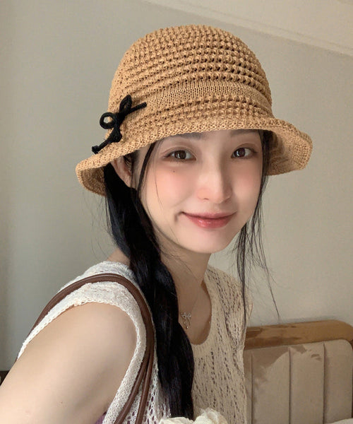 Eave Sunshade Hollow Hat Camel Summer Bow Bucket Large FashionChic