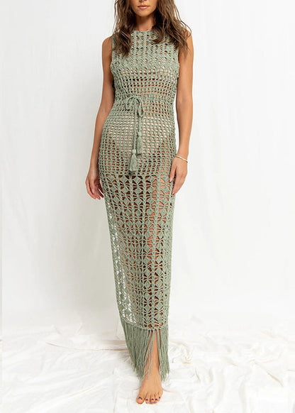 Summer Khaki Tassel Hollow Lace Up Knitted Cover Up VC032 WM-Beach-LYQ240615