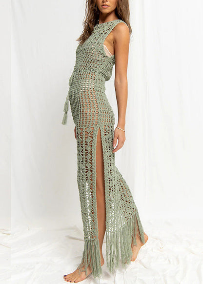 Summer Khaki Tassel Hollow Lace Up Knitted Cover Up VC032 WM-Beach-LYQ240615