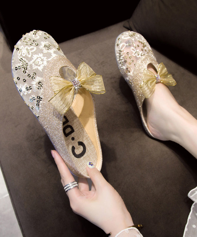 Summer Flat Mesh Bow Slide Gold Sandals New Breathable FashionChic