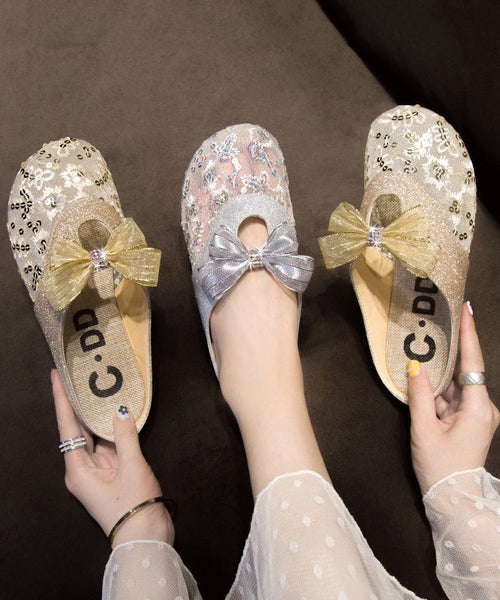 Summer Flat Mesh Bow Slide Gold Sandals New Breathable FashionChic