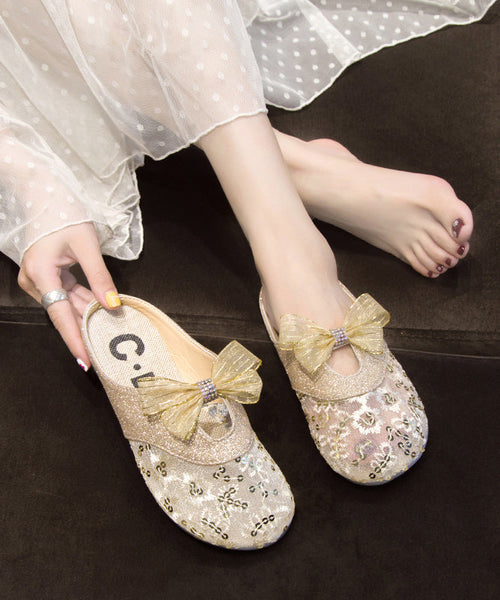 Summer Flat Mesh Bow Slide Gold Sandals New Breathable FashionChic