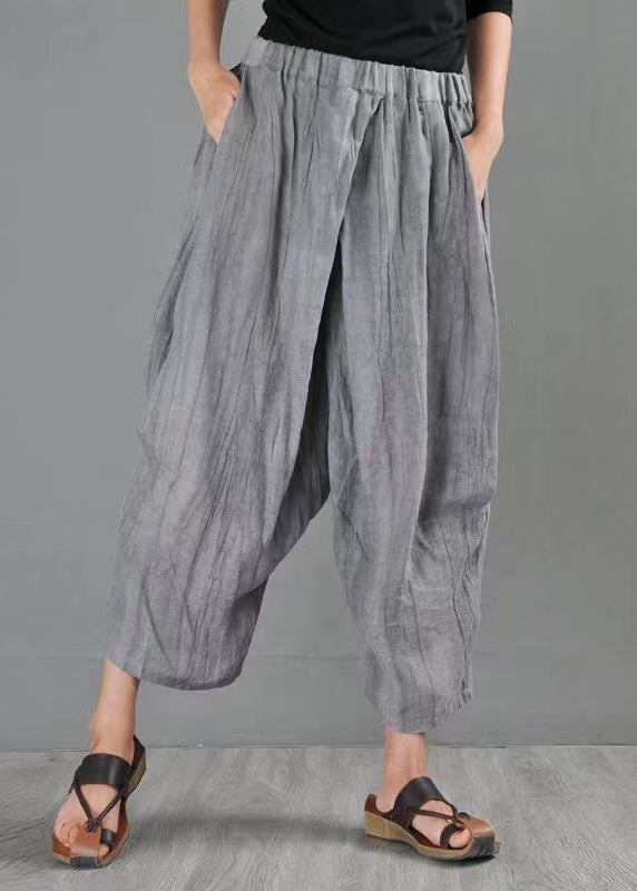 Summer New Grey Elastic Waist Loose Linen Harlen Pants AP069 GK-CPTS240718