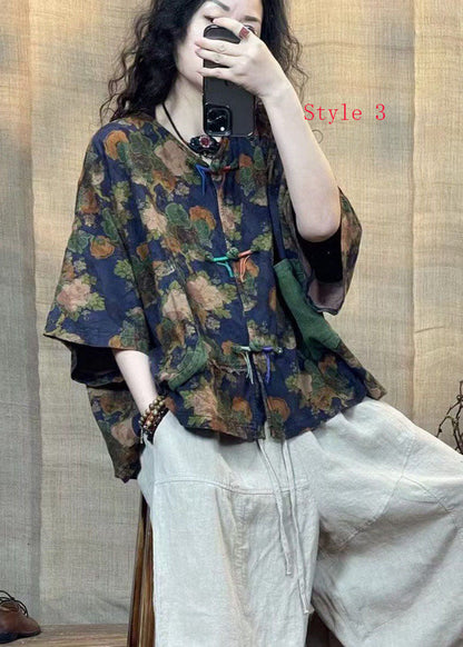 Summer New Loose Linen Print Patchwork Pockets Button Top FF023 MZF-CDG240607