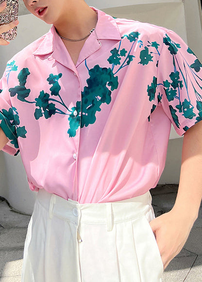 Summer Pink Short Sleeved Cuban Collar Men Hawaiian Shirts HG010 Men-Silk-MENSTP240725