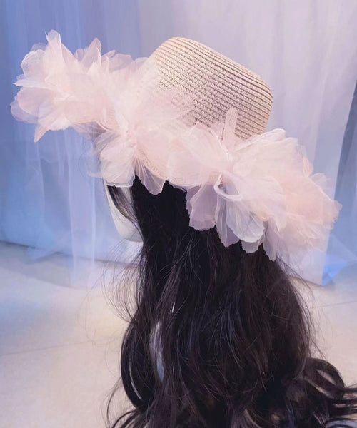 Summer Straw Woven Sun Hat With Large Lace And Large Flowers YU1013 Hat-HAT240528