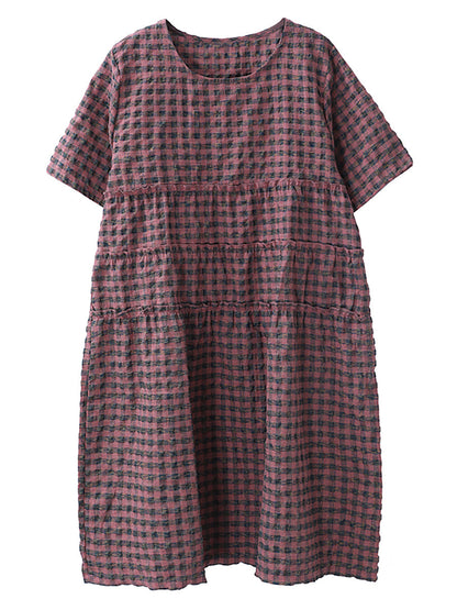 Plus Size Summer Plaid Round Neck Cotton Linen Midi Dress XX1060 Ada Fashion