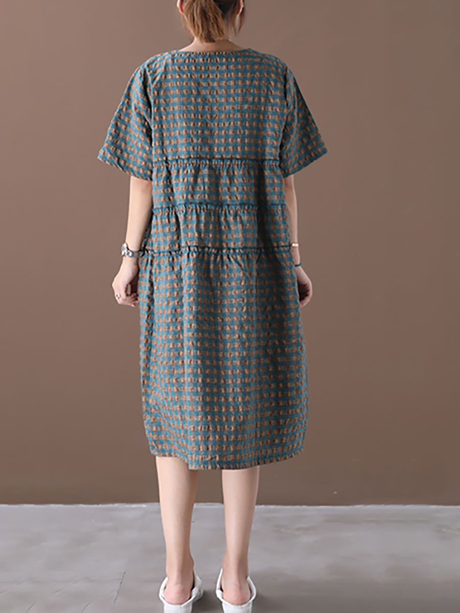 Plus Size Summer Plaid Round Neck Cotton Linen Midi Dress XX1060 Ada Fashion