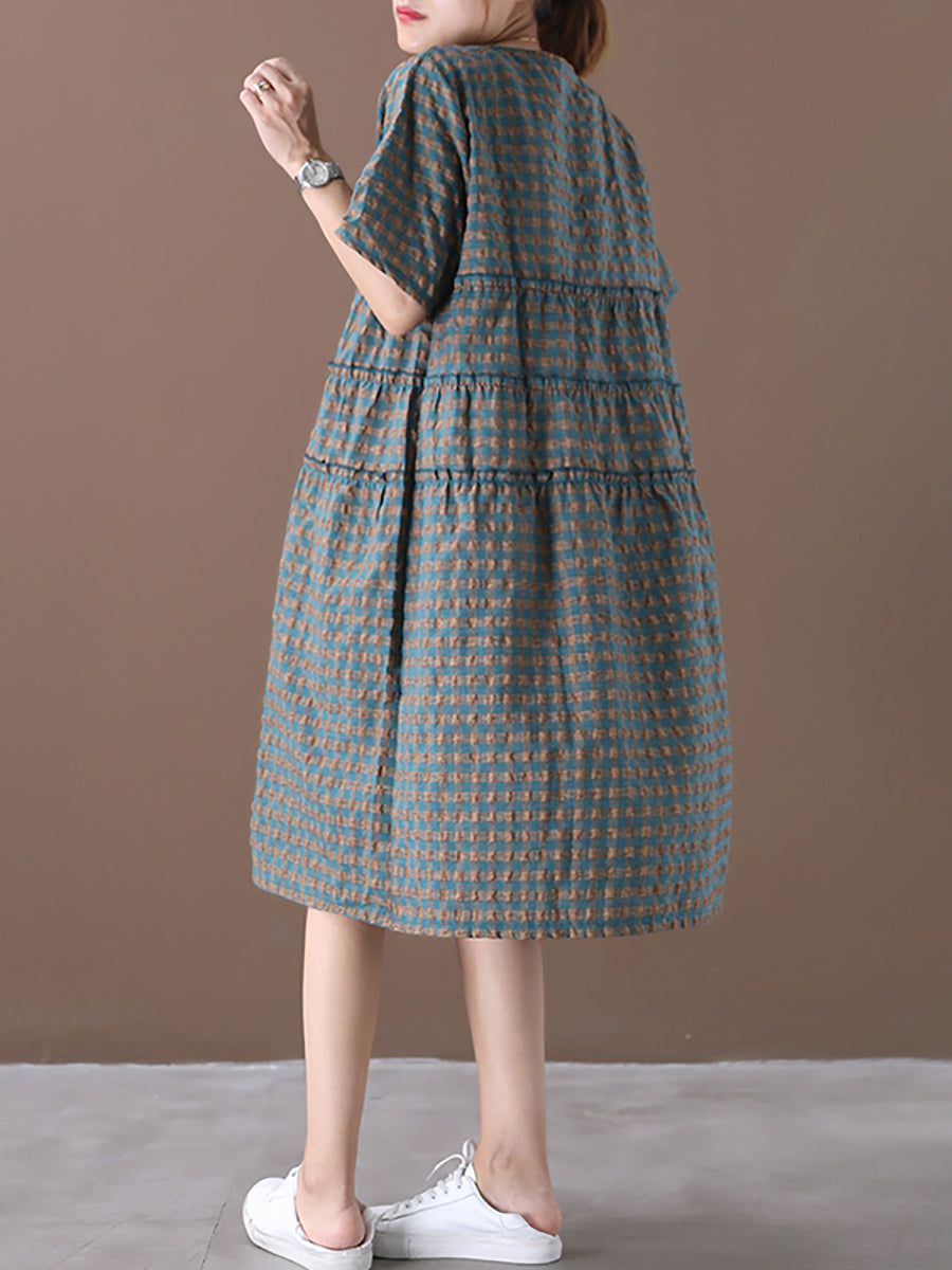 Plus Size Summer Plaid Round Neck Cotton Linen Midi Dress XX1060 Ada Fashion