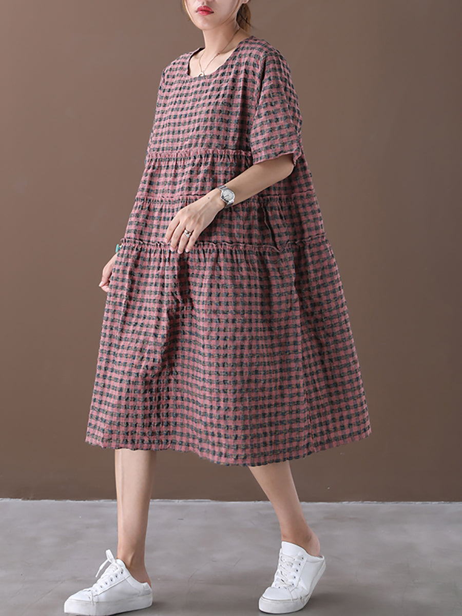 Plus Size Summer Plaid Round Neck Cotton Linen Midi Dress XX1060 Ada Fashion