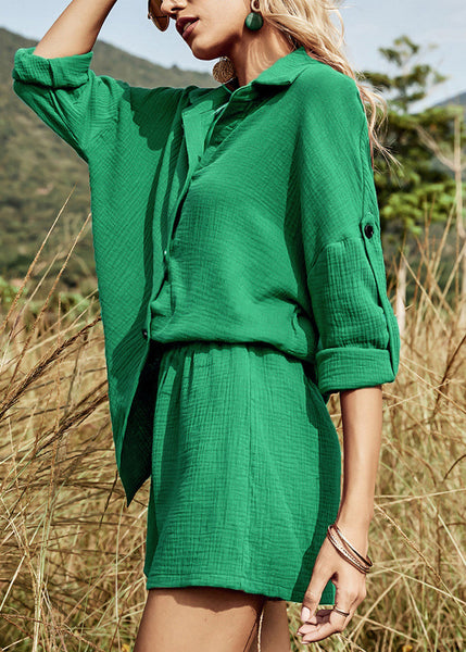 Tea Cotton Button Oversized Two Pieces Set Green Summer FashionChic