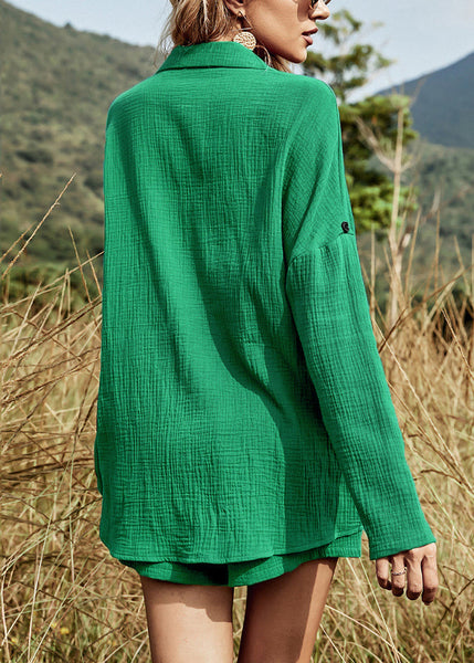 Tea Cotton Button Oversized Two Pieces Set Green Summer FashionChic