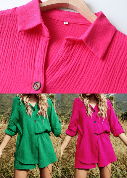 Tea Cotton Button Oversized Two Pieces Set Green Summer FashionChic