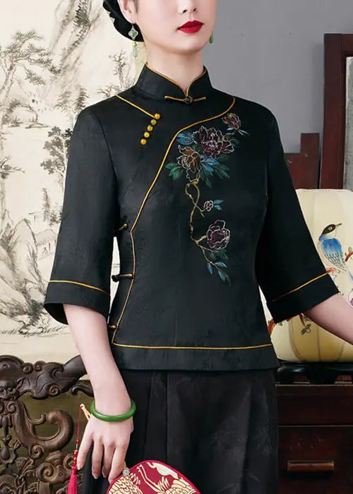 Top Quality Black Stand Collar Button Silk Top Half Sleeve Ada Fashion