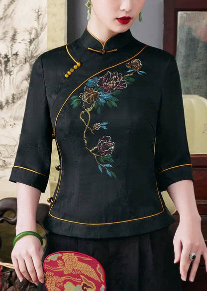 Top Quality Black Stand Collar Button Silk Top Half Sleeve Ada Fashion