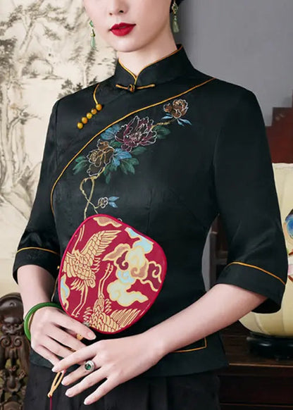 Top Quality Black Stand Collar Button Silk Top Half Sleeve Ada Fashion