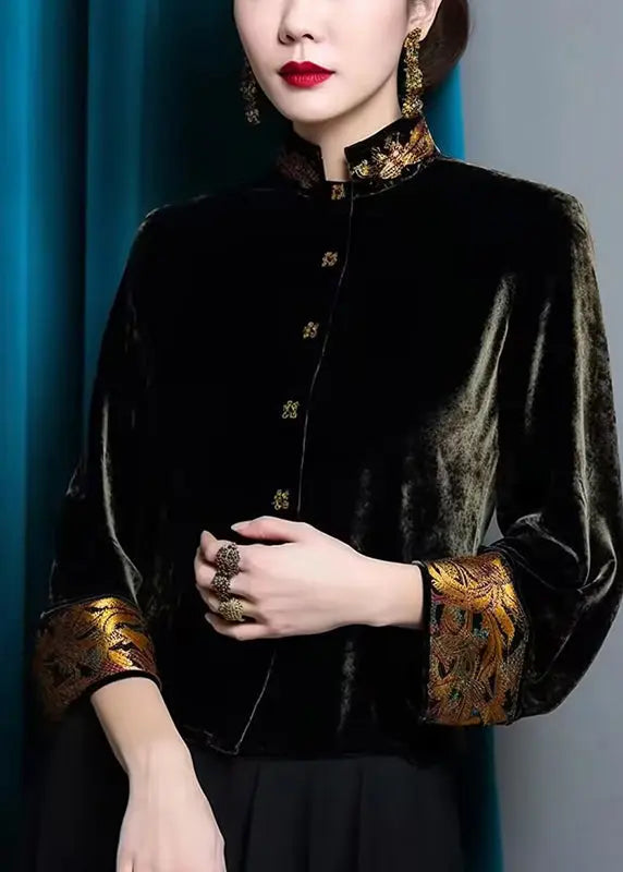 Top Quality Black Stand Collar Button Silk Velour Coats Fall Ada Fashion