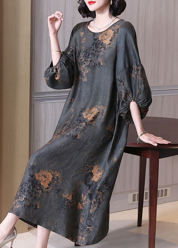 Top Quality Grey O Neck Print Silk Long Dresses Summer OP1061 Ada Fashion