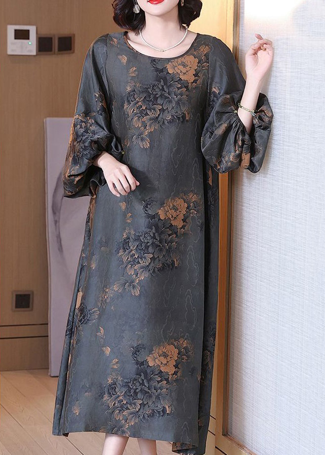 Top Quality Grey O Neck Print Silk Long Dresses Summer OP1061 Ada Fashion