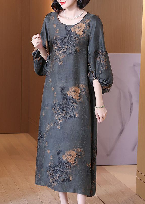 Top Quality Grey O Neck Print Silk Long Dresses Summer OP1061 Ada Fashion