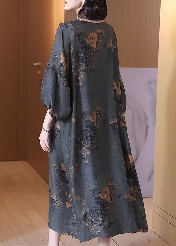 Top Quality Grey O Neck Print Silk Long Dresses Summer OP1061 Ada Fashion