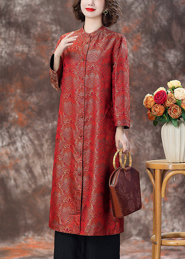 Top Quality Red Stand Collar Button Silk Coats Spring AA1040 Ada Fashion