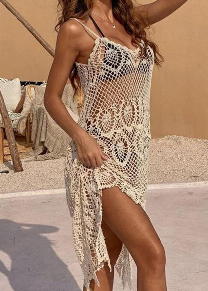 Trendy Beige Hollow Out Beach Knit Cover Up Summer VC005 WM-Beach-LYQ240615