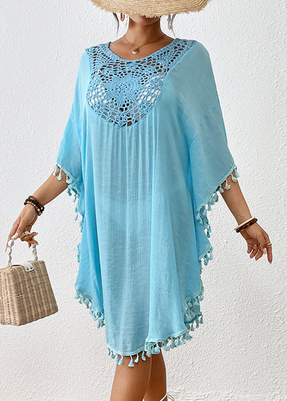 Trendy Black O-Neck Hollow Out Patchwork Tassel Swimwear Smock VC051 WM-Beach-LYQ240615