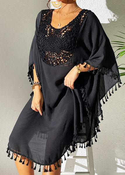 Trendy Black O-Neck Hollow Out Patchwork Tassel Swimwear Smock VC051 WM-Beach-LYQ240615