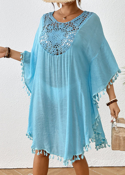 Trendy Black O-Neck Hollow Out Patchwork Tassel Swimwear Smock VC051 WM-Beach-LYQ240615