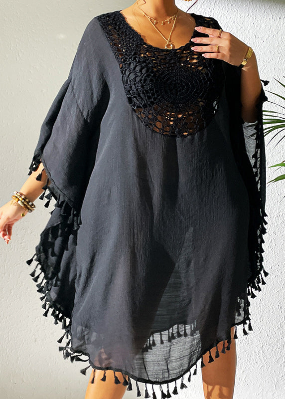 Trendy Black O-Neck Hollow Out Patchwork Tassel Swimwear Smock VC051 WM-Beach-LYQ240615