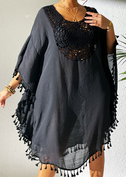 Trendy Black O-Neck Hollow Out Patchwork Tassel Swimwear Smock VC051 WM-Beach-LYQ240615