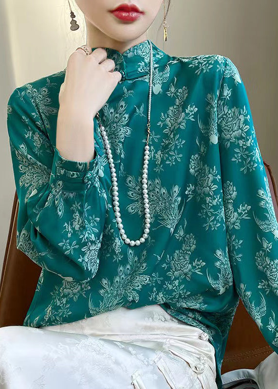 Turquoise Print Silk Shirt Stand Collar Fall AB1036 Genistyle Shop