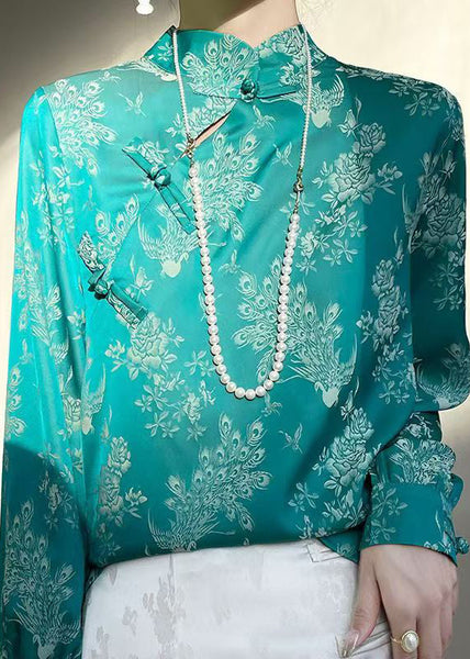 Turquoise Print Silk Shirt Stand Collar Fall AB1036 Genistyle Shop
