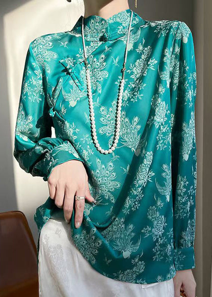 Turquoise Print Silk Shirt Stand Collar Fall AB1036 Genistyle Shop