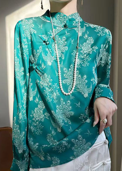 Turquoise Print Silk Shirt Stand Collar Fall AB1036 Genistyle Shop