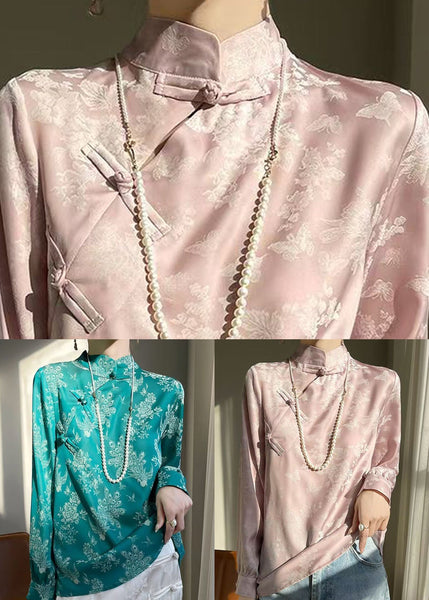 Turquoise Print Silk Shirt Stand Collar Fall AB1036 Genistyle Shop