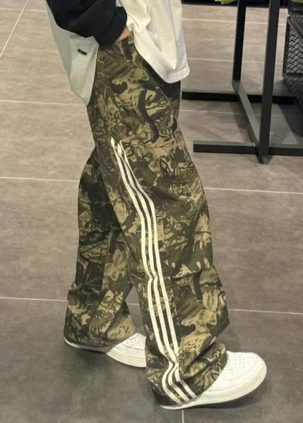 Green Trousers Pants Cotton Army Print Oversized Unique Mens FashionChic