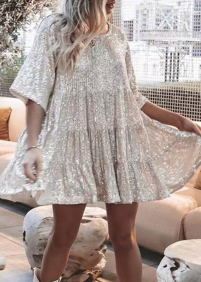 Mid Dress Summer Oversized Sequins Beige Unique FashionChic